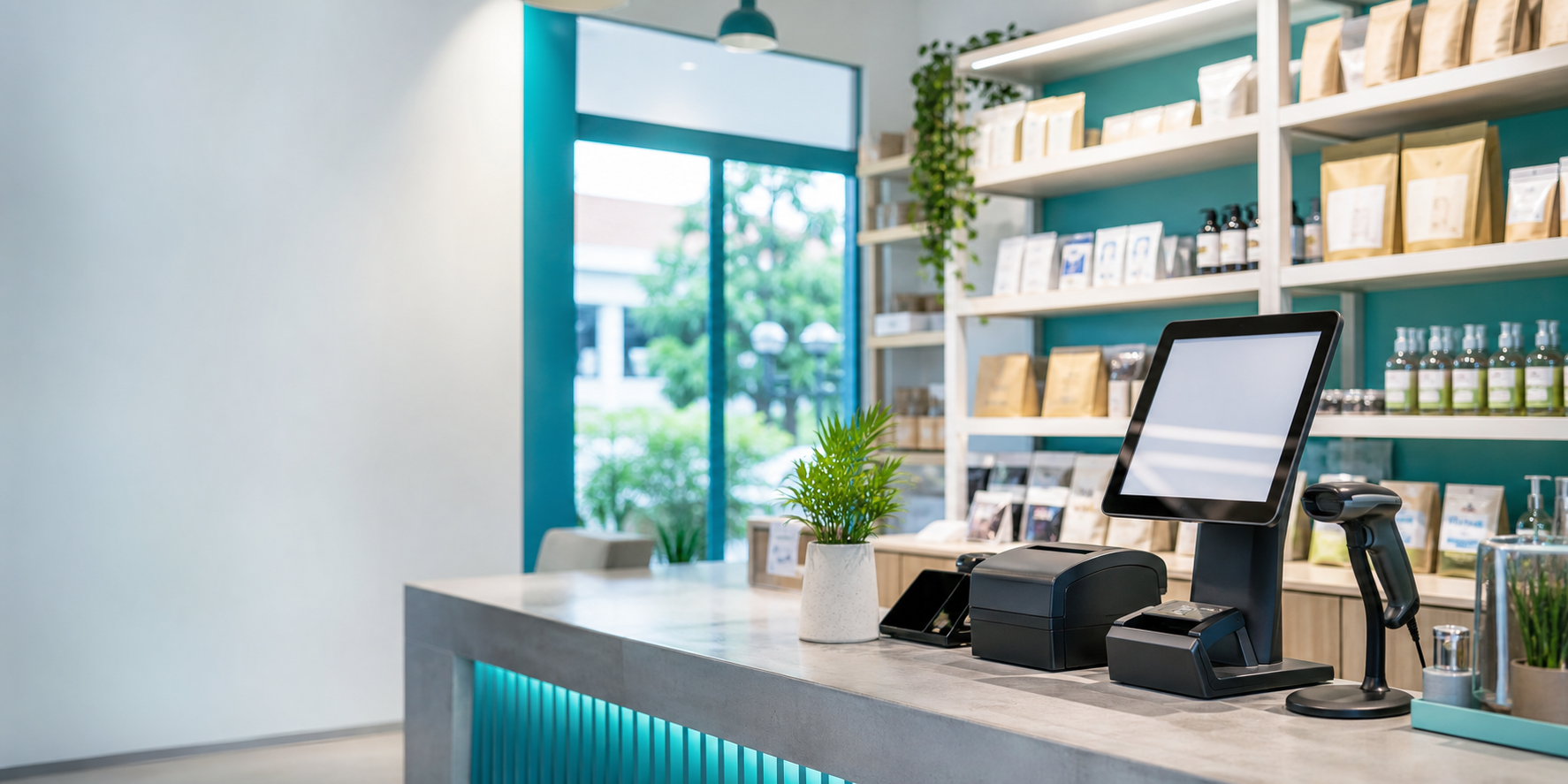 Meja kasir toko retail dengan perangkat POS, printer nota, scanner barcode, dan rak produk